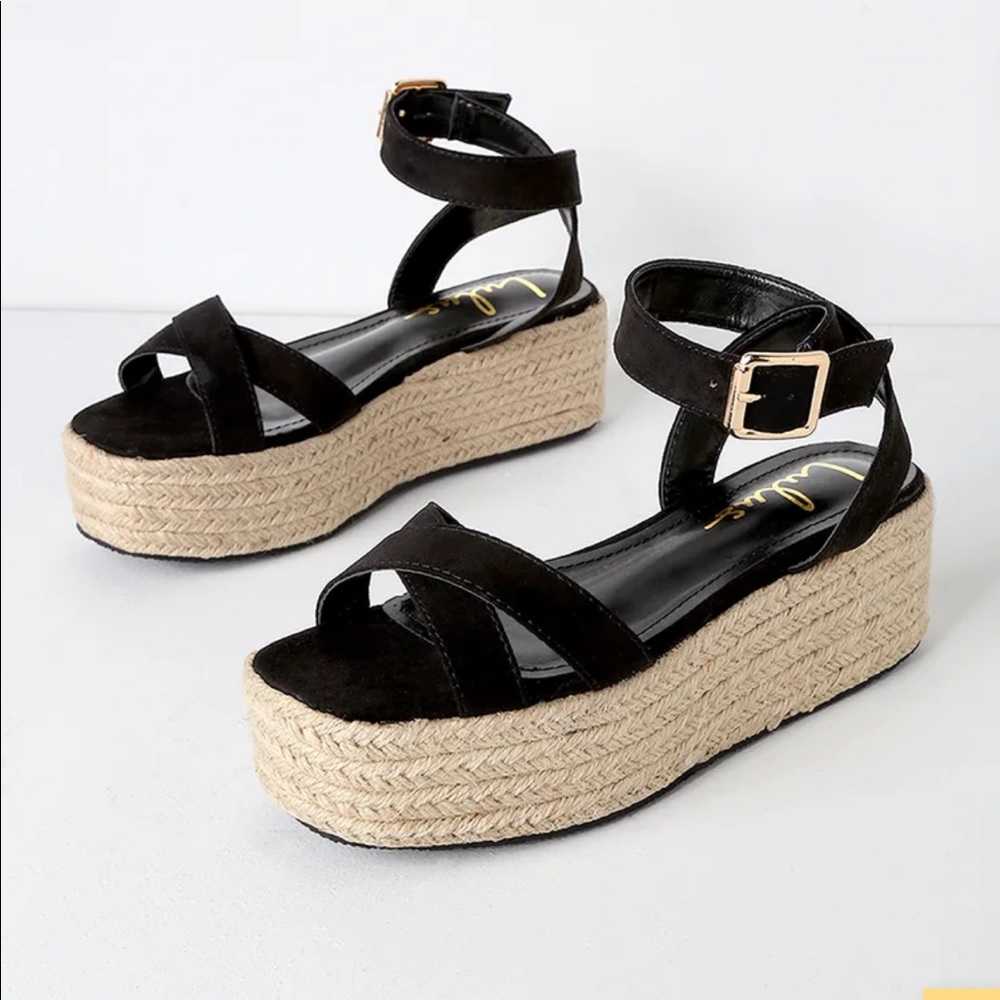 Lulus Black Suede Espadrille Platform Sandals
